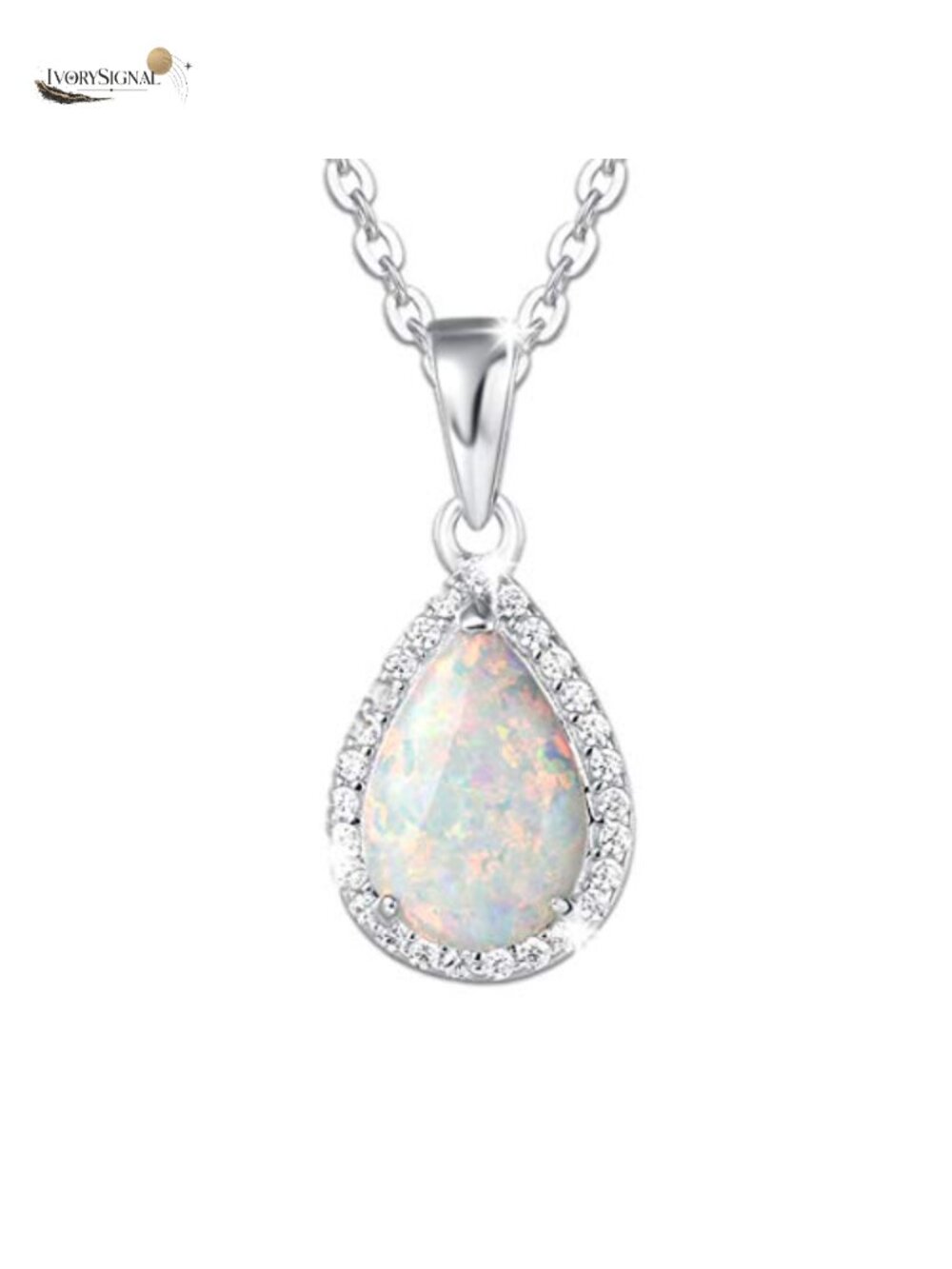 Sterling Silver Opal Teardrop Halo Pendant Necklace October Birthstone 18"